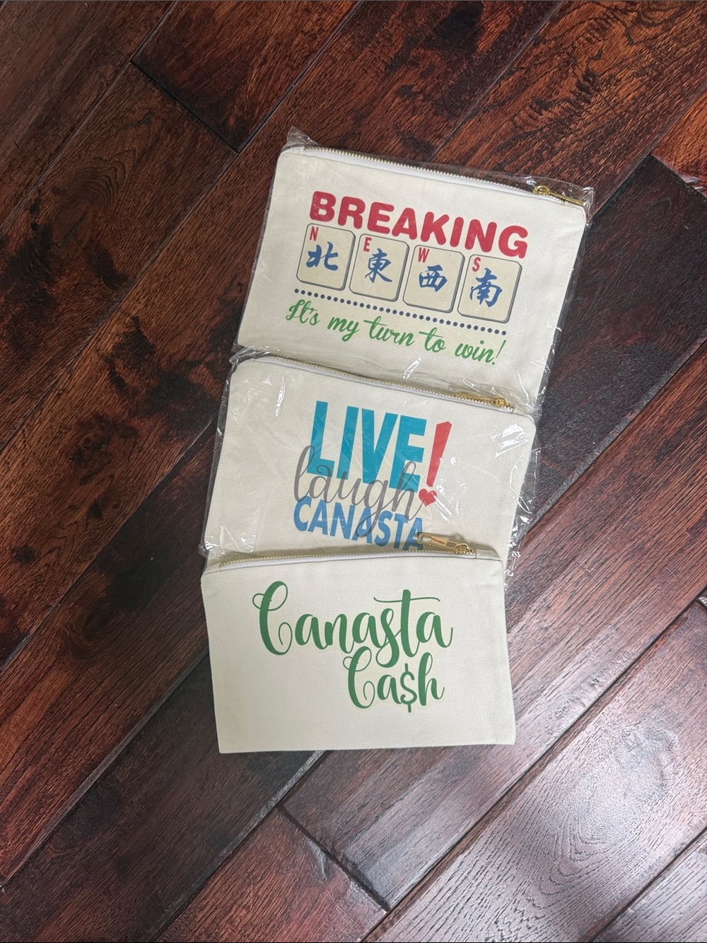 Canasta Cash & Game Canvas Zip Pouches - Cream with Green/Blue/Red Accents